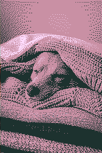 Dithered image of a dog under blankets